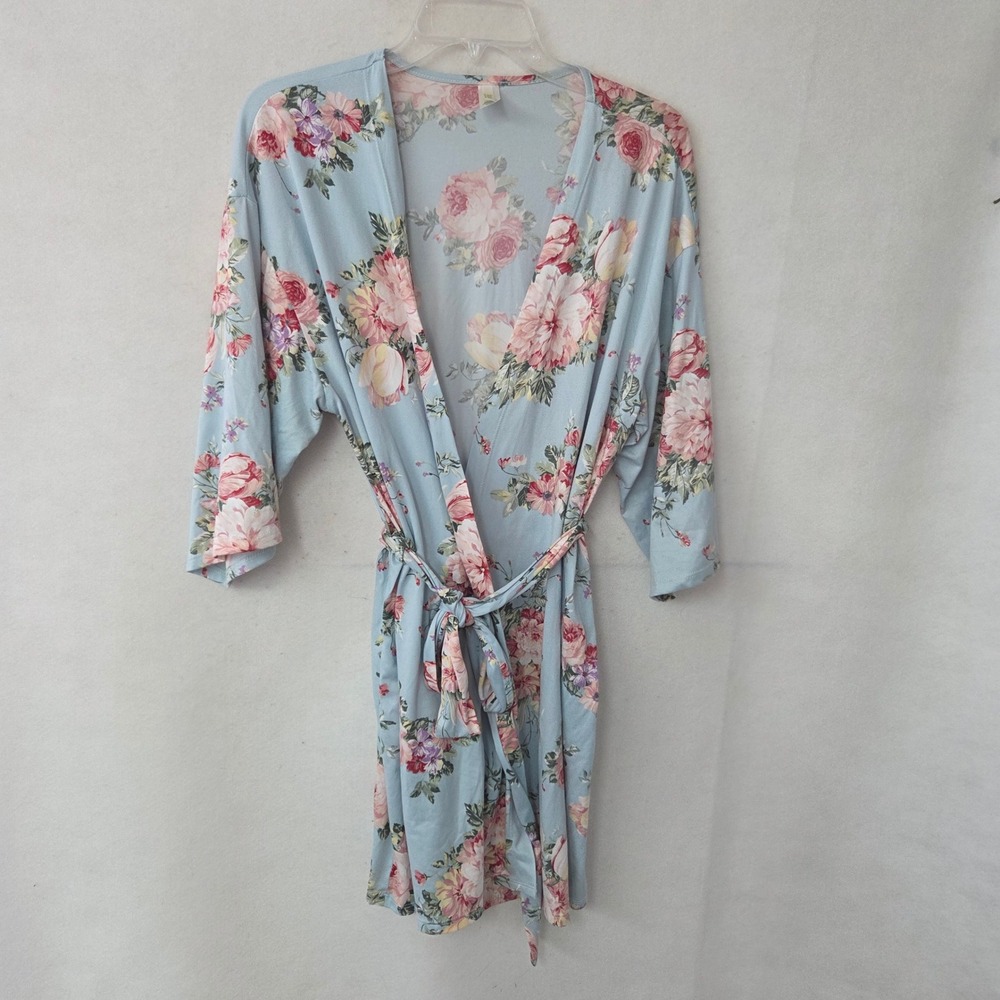 Flora by Flora Nikrooz Robe Women Medium Blue Floral Wrap Tie Waist Short Lounge